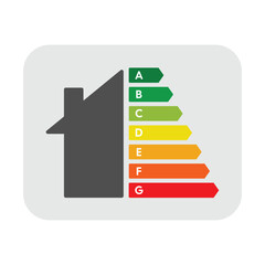 Professional Energy Efficiency House Rating Badge &ndash; Residential Performance Icon with A-G Color Chart and Gray Silhouette on Rounded Background isolated on white