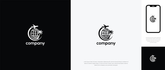 Global Travel Logo Design Airplane Globe Palm Tree for Tourism  Vacation Agency.