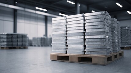 Warehouse scene shows silver ingots stacked neatly on wooden pallets ready for distribution in a storage facility during business hours