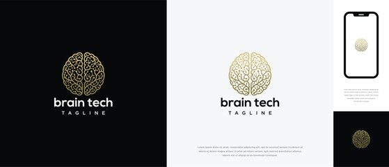 Brain Tech Logo Design Golden Digital Brain AI Neural Network Technology Concept.