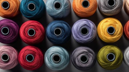 Fototapeta premium Colorful thread spools arranged in grid pattern for crafting and sewing projects in a creative workspace
