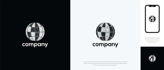 Global Digital Network Logo Design with Checkered Globe Icon for Tech Company Branding.