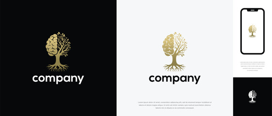 Golden Brain Tree Logo Design. Mind Nature Growth Knowledge Intelligence Company Symbol.