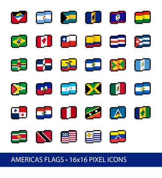 Americas Flags Pixel Art Vector Icons 16x16. Set of 30+ stylized, simplified, abstract pixel interpretations of flag designs in common use at the time of creation (2026).