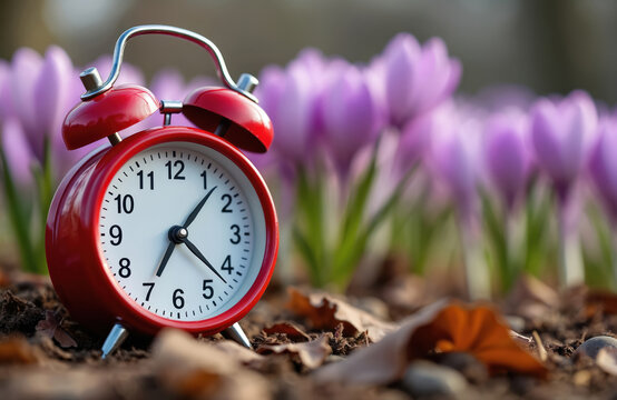 Red alarm clock sits in soil near blooming purple crocuses. Early spring marks time change. Sun shines on new flowers sprouting after winter cold.
