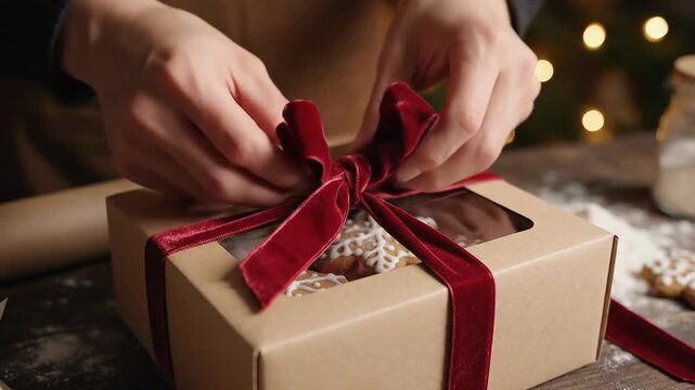 Hands Tying Red Velvet Ribbon Bow on Christmas Cookie Gift Box
