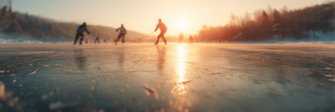 Silhouetted hockey players skate on frozen lake at sunset, casting long shadows & ice reflections. Trees distant shore under hazy sky. Low angle shot highlights icy texture & motion.