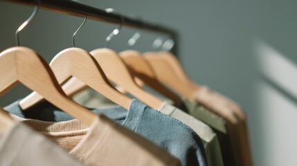 Fototapeta premium Display of light clothing on hangers in a simple setting with natural light coming through the window