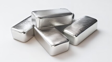 Silver ingots stacked on a neutral surface with clean lines and focus on their metallic shine and smooth finish during daylight hours
