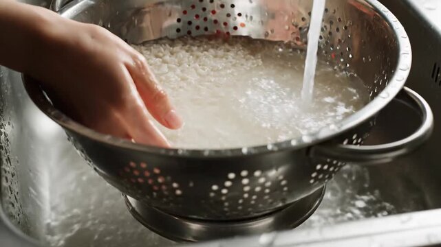 Hands washing white rice in a colander under running water in a kitchen sink