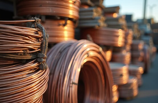 Copper wire coils stacked at industrial site. Metallic raw material sorted for reuse and recycling. Building construction supply materials stored outdoors.