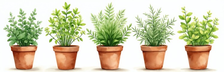 Obraz premium Five potted green plants with delicate watercolor texture. Terracotta pots hold various herbs and foliage. Simple clean background highlights natural growth.