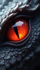 Close-up of a reptile eye with a bright orange iris and vertical pupil. Scales around the eye are grey and textured. The eye looks intense and watchful, suggesting power and mystery.