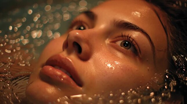 Close-up of face partially submerged in warm water, muscles softening as tension dissolves, intimate relaxation and nervous system reset concept.
