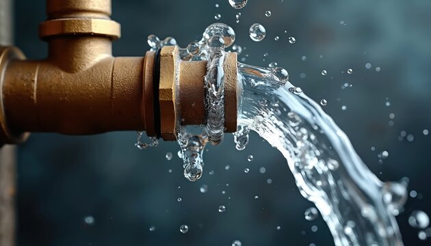 Brass pipe connection leaks water rapidly. Droplets splash and spray from broken water utility joint. Emergency plumbing repair needed for home.