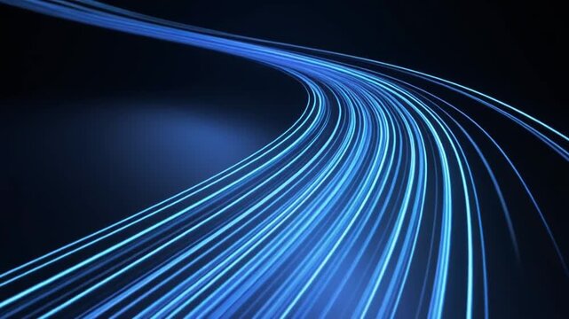 Blue light trails curving on dark road at night with blurred motion