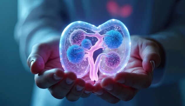 Hands hold glowing model of pancreas with insulin cells. Medical research shows cellular secretion and glucose regulation for diabetes study and hormone balance.