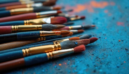 Obraz premium Variety of artist paint brushes with varied bristles, handles arranged on textured blue surface with scattered pigments. Close up details of art supplies show creative tools for painting, drawing.