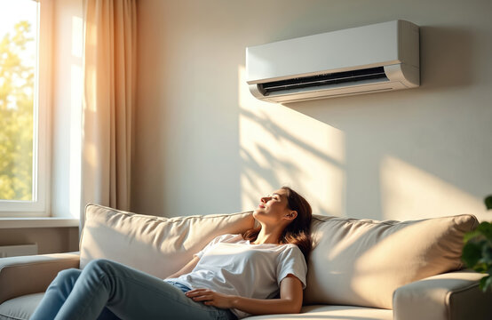 Woman relaxes on sofa near window. Air conditioner cools room on hot summer day. Sunlight streams through curtains, creating shadows on wall. She enjoys fresh cool air.