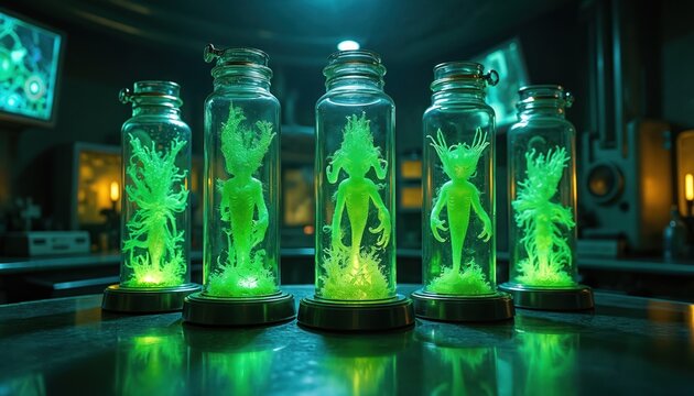 Five alien specimens glow green inside glass jars in a dark research lab. Creatures look strange and unique in containment. Futuristic science experiment shows unknown life forms.