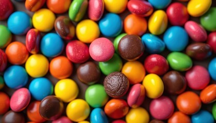 Obraz premium Pile of colorful chocolate candies with smooth shells, different colors. Many round sweets close together creating vibrant, playful background texture. Chocolate drops cover surface. Enjoy bright