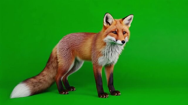 A regal red fox stands on a green screen, looking directly at the camera with a calm and majestic presence.