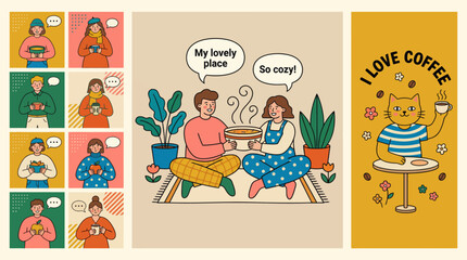 Fototapeta premium Cozy home coffee scene illustrated in retro cartoon style with a couple on a sofa, panel art, and a Love Coffee sign for warm wall decor.