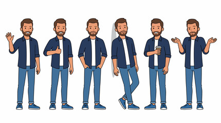 Fototapeta premium A series of cheerful cartoon businessman in a blue blazer and jeans displaying diverse gestures for business communication and teamwork