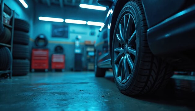 Close up view of car wheel inside blue lit auto repair shop. Stacked tires and red tool cabinets in background. Modern automotive maintenance service bay.