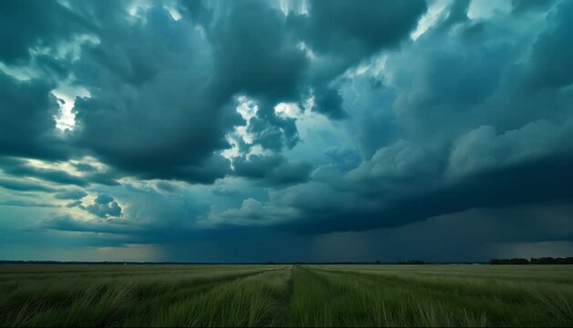 Dark thunderclouds gathering above wide grassland 