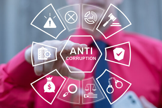 Concept of anti-corruption activities that oppose or inhibit corruption. Business person using virtual touch screen presses the text ANTI CORRUPTION. International anti-corruption day.
