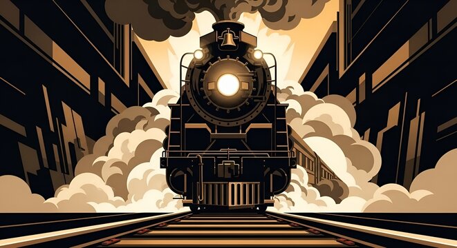 Vintage Steam Locomotive Chugging Through City Streets in Retro Illustration Style
