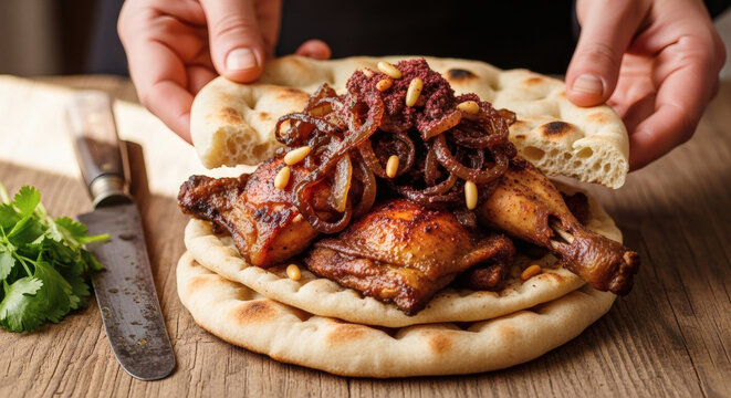 Musakhan Chicken With Fresh Taboon Bread On Rustic Traditional Palestinian Table