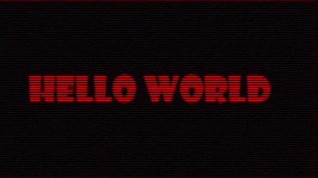 4K Red glitch text hello world animation on black background with retro vhs digital distortion