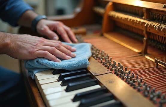 Man cleans inside of old grand piano focusing on keys and strings. Technician tunes instrument, restores vintage musical equipment. Hands work carefully on wooden keyboard mechanism.