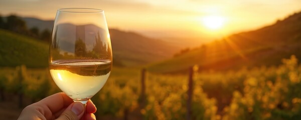 Fototapeta premium Hand holds glass of white wine in vineyard at sunset. Golden sun rays illuminate rolling hills and grapevine rows. Peaceful countryside evening.