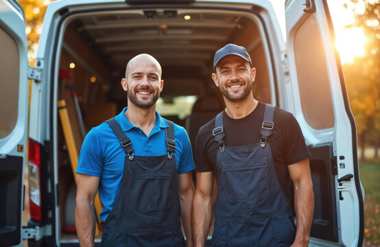 Two smiling men in work overalls stand outside a service van with tools inside. They appear ready for a job, possibly plumbing or electrical work, with a van open behind them.