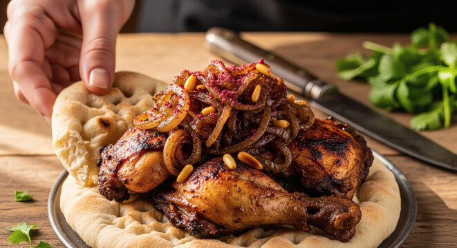 Musakhan Chicken With Fresh Taboon Bread On Rustic Traditional Table