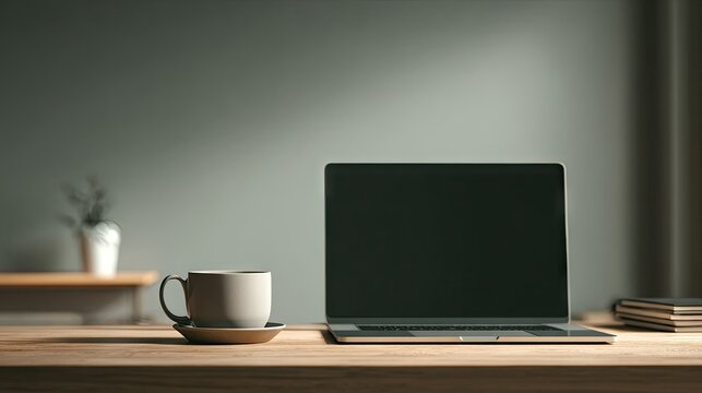 Laptop and coffee cup on wooden desk with sunlight workspace concept