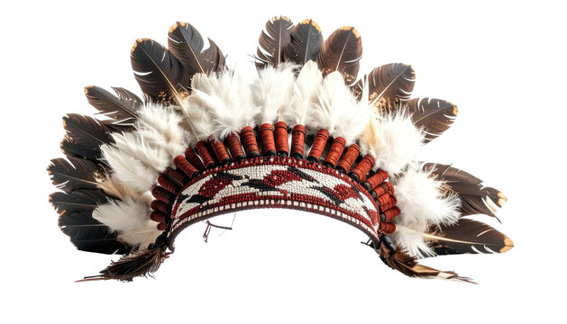 Front view of feathered headdress. Detailed beadwork with brown, white, dark feathers