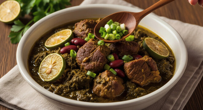 Ghormeh Sabzi Persian Stew in Vintage Bowl on Rustic Table