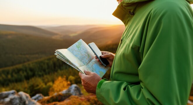 Man with map and smartphone standing on ridge at sunset overlooking valley