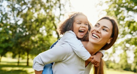 Naklejka premium Woman giving daughter piggyback ride in sunlit park with joyful smiles