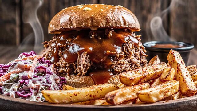 Juicy pulled pork sandwich with coleslaw and french fries, close-up, delicious meal