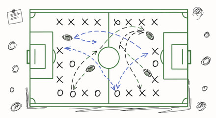 Fototapeta premium Hand Drawn Soccer Strategy Play with X's and O's on a White Board, Isolated White Background