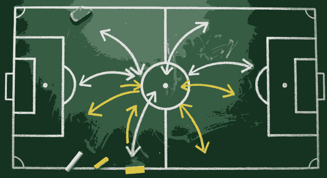 A chalkboard with a soccer field diagrammed with strategic arrows and chalk pieces, illustrating game tactics and player movement.