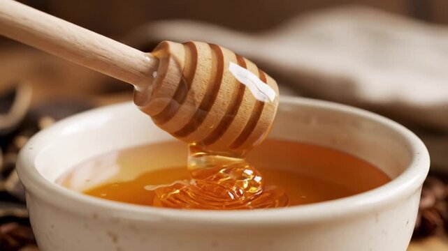 Honey being poured from a wooden honey dipper into a ceramic bowl on a wooden table