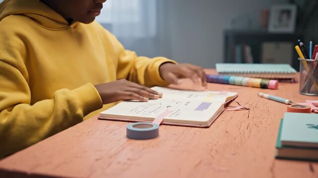 One young person, African American boy studying at desk using eraser on notebook at home. Back to school concept and education.