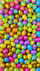 Full frame background of colorful decorated Easter eggs forming a bright festive holiday texture. Ideal for Easter promotions and seasonal design.