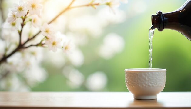 Japanese sake pouring into ceramic cup near blooming cherry tree. Alcoholic drink served in traditional setting. Warm light creates peaceful mood. Beverage refreshment for guests.